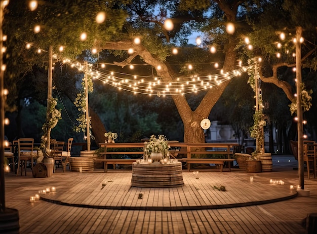 Wedding ceremony with flowers outside in the garden with pendant lights