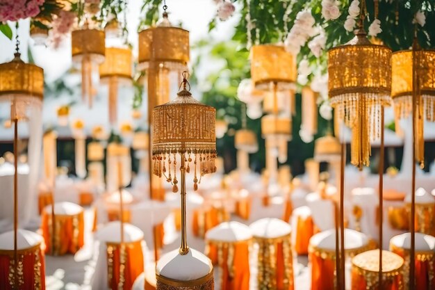 A wedding ceremony with orange and white lanterns and flowers.