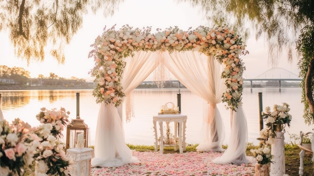A wedding ceremony with a pink and white floral arch and a white wedding arch