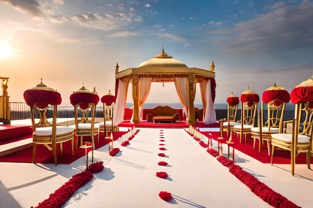 Свадебная церемония с красно-золотой крышей и красной цветочной композицией.