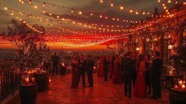 a wedding ceremony with a string of lights around it