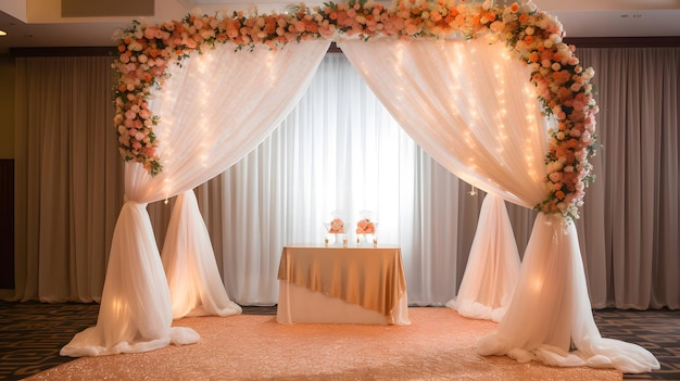 A wedding ceremony with a table and chairs