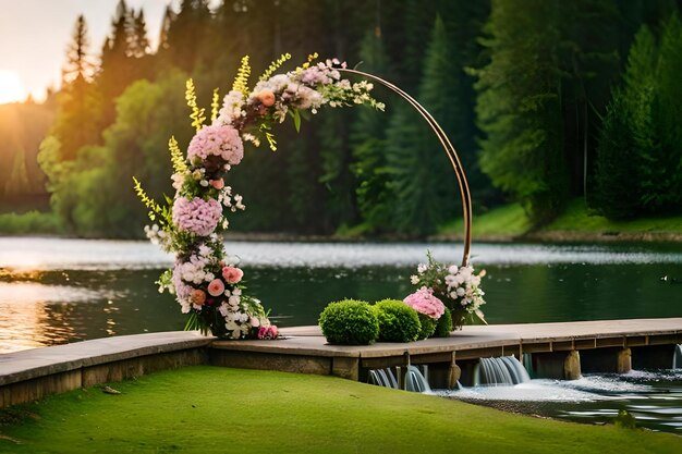 Photo a wedding ceremony with a water feature in the background.