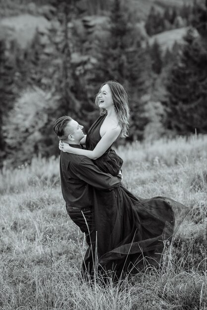 Wedding couple on a background of autumn mountains