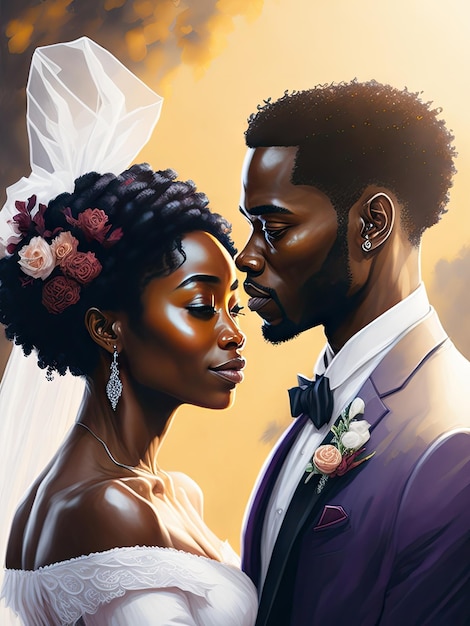 Wedding Couple black skin with copy space watercolor ai generative