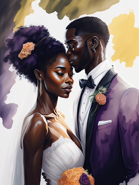 Wedding Couple black skin with copy space watercolor ai generative