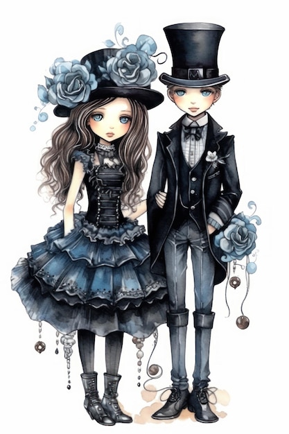 Wedding couple of boy and girl in black top hat with roses