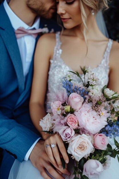 Свадебная пара жених и невеста держат букет цветов
