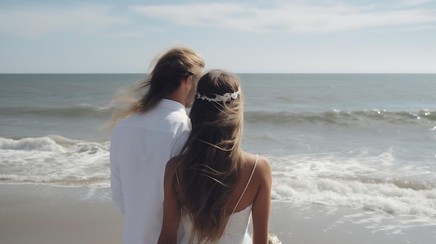 Wedding Couple bride and groom in Love Back View walking down for ever love