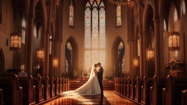 A wedding couple in a church