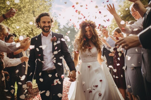 Foto una coppia di sposi che danza con i confetti alla cerimonia nuziale una coppia che lascia la cerimonia del matrimonio ricoperta di petali di fiori generata dall'ai