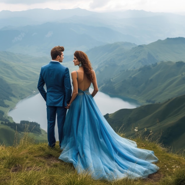 Wedding couple embraces mountains in sunlight bride in wedding dress with bouquet generative ai