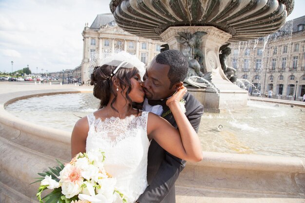 Wedding couple emotional portrait loving bride and groom african american