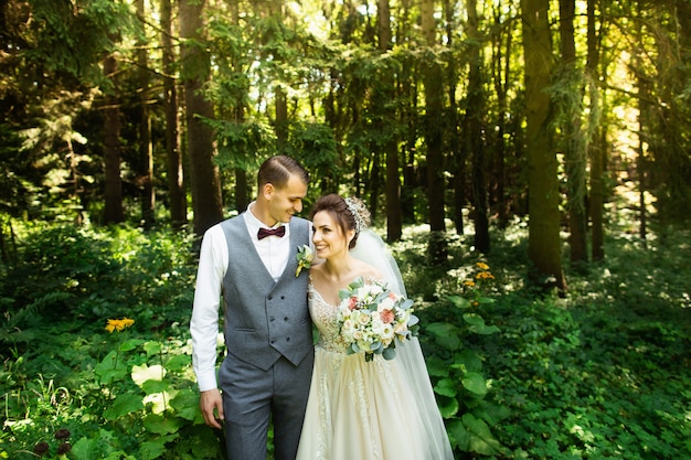 A wedding couple enjoys walking in the woods. Newlyweds hug and hold hands