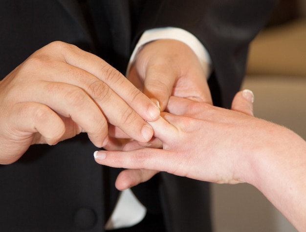 Wedding couple exchange wedding rings