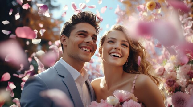 wedding couple in front of the confetti falling on their heads