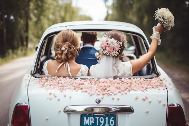 写真 皿で装飾された車の結婚式のカップルが外で結婚したばかりで