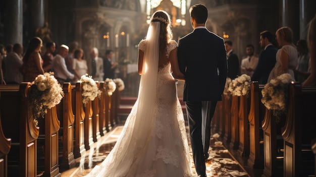 Wedding Couple in Love Back View walking down Aisle Church Newly Wedded Bride Groom in Window Door Light Wedding Day Ceremony