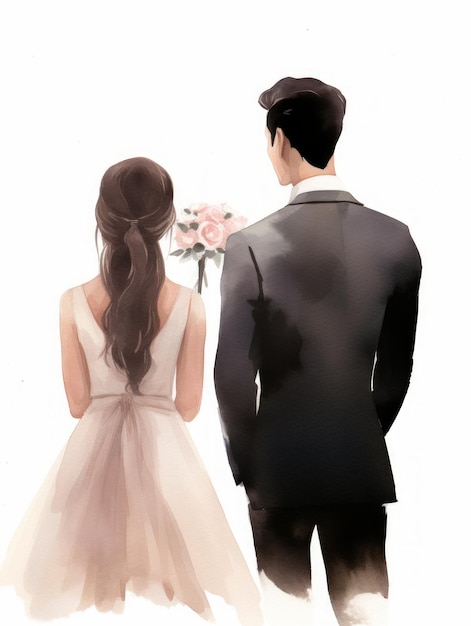 Wedding couple in love Hand drawn watercolor painting Generative AI
