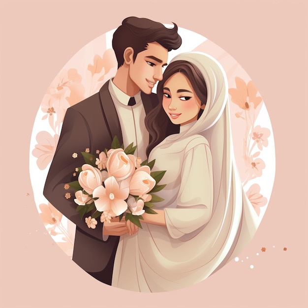 Wedding couple in love Vector Illustration in flat with muslim style