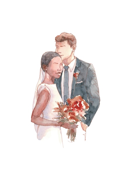 Wedding couple in love with bridal bouquet - greeting card - wedding invitation - watercolor illustration