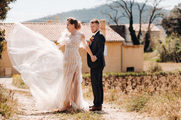 フランスの別荘の近くの結婚式のカップル。プロヴァンスの結婚式