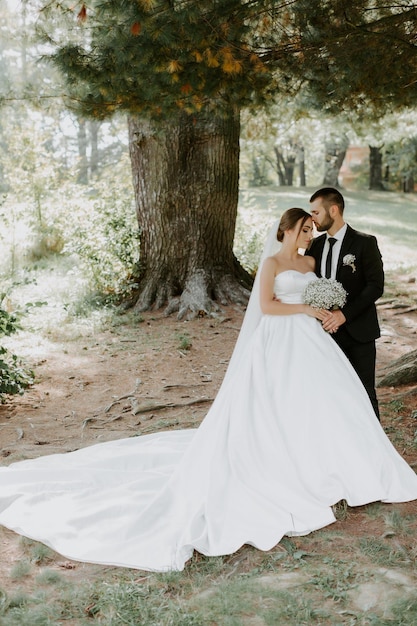 Wedding couple in pine forest