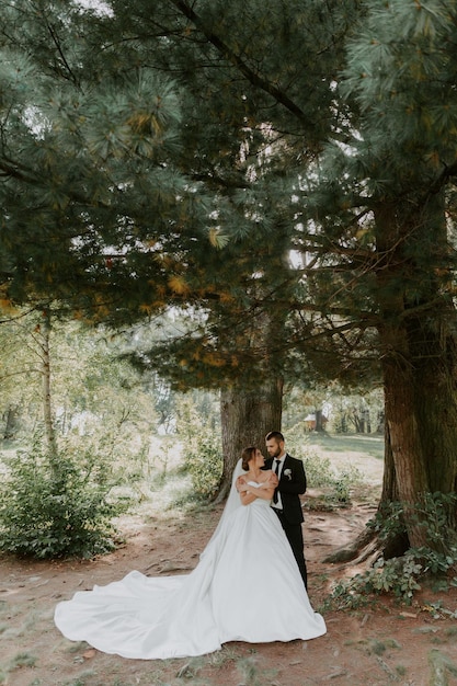 Wedding couple in pine forest