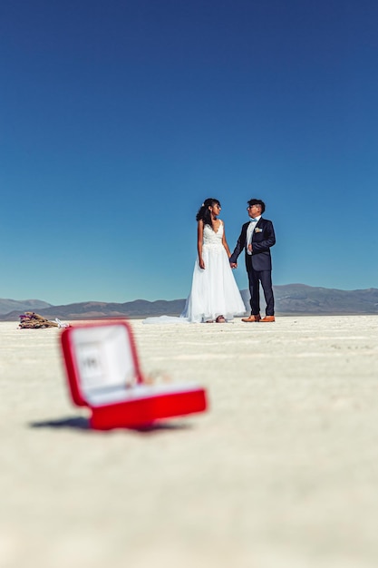 Wedding couple posing in a white landscape with accessories