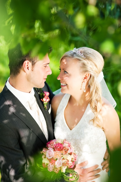 Wedding couple in romantic setting