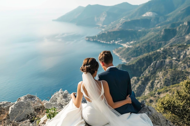 背景に海がある岩の上に座っている結婚式のカップル