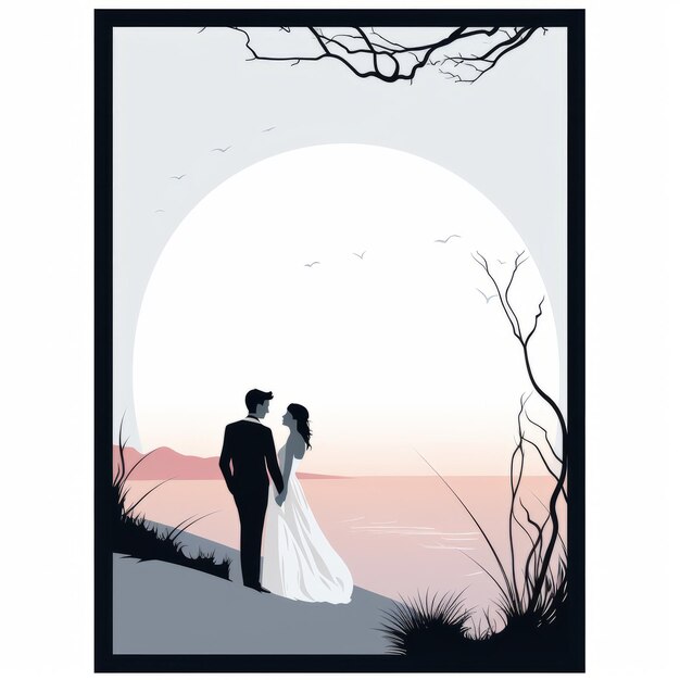 Photo wedding couple standing on the beach with the moon in the background