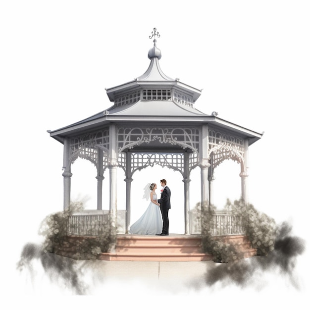 A wedding couple standing in front of a gazebo.