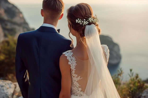 海の背景に岩の上に立っている結婚式のカップル