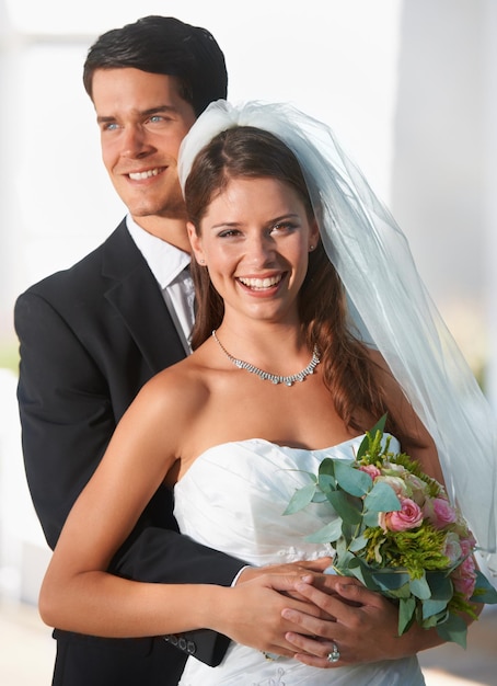 Wedding couple and woman portrait with love smile and happy from celebration of bride and groom Outdoor commitment and trust with care and suit for marriage event with support and romance