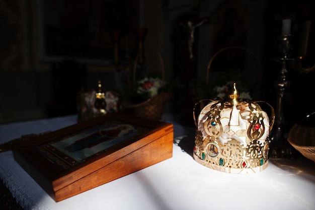 Wedding crown in orthodox church at ceremony