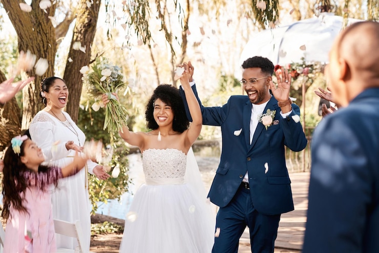 Photo wedding day couple celebrate and confetti outdoor with happiness and hands up at marriage event celebration happy people and african bride walking with flower bouquet at love commitment ceremony