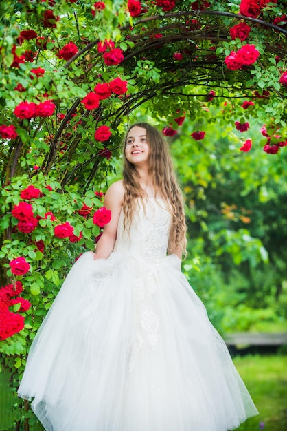 Wedding day is here bridesmaid childhood happiness girls party dress female fashion salon little beauty in blossoming garden park jasmine flower beautiful prom queen look as princess