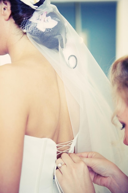 Wedding day with bride dressed corset