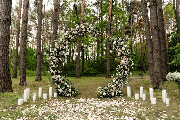 Wedding decor, large wooden loft style gates are used in off-site wedding ceremony, day, wooden wedding photo zone, wedding decorations