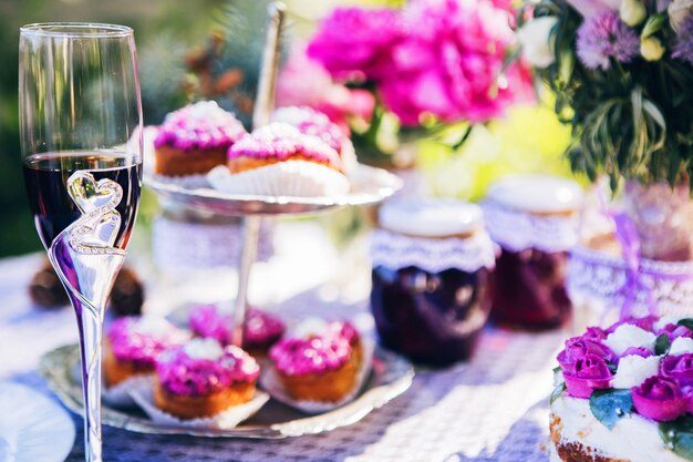 Wedding decor in pink style of a luxury with crystals, lace and flowers