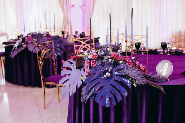 Wedding decor in purple. Decorative tables for guests.