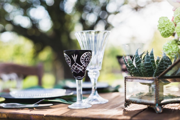 Wedding decor. Table for the newlyweds outdoor. Wedding reception.