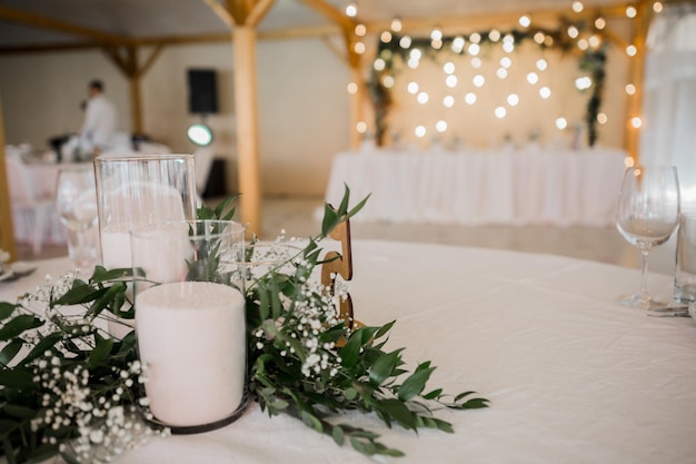 Wedding decor on the table in the restaurant