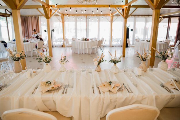 Wedding decor on the table in the restaurant