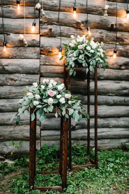 Wedding decor Wooden wall decorated garland with luminous bulbs and electric lamps decorated flowers Original wedding floral decoration