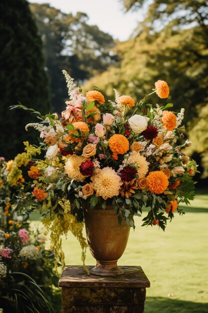 結婚式の装飾花の装飾とイベントのお祝いの秋の花と秋の庭の結婚式の通路カントリー スタイルの生成 ai