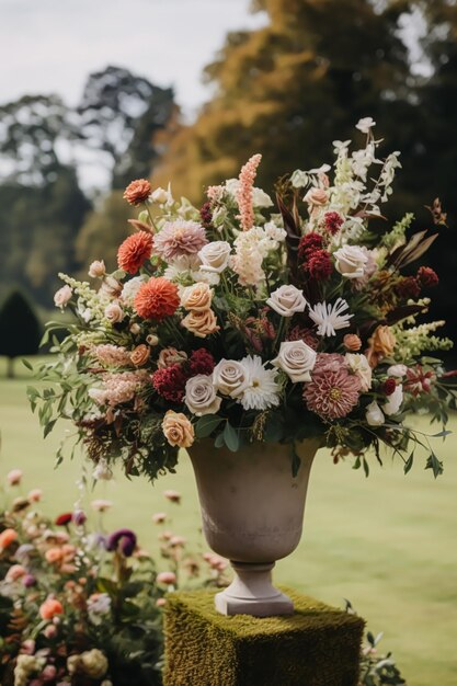 結婚式の装飾花の装飾とイベントのお祝いの秋の花と秋の庭の結婚式の通路カントリー スタイルの生成 ai