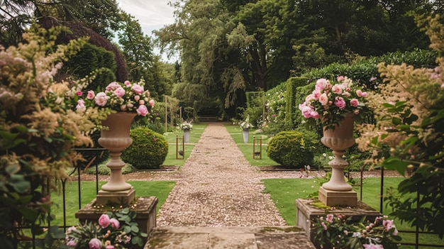 Decorazione nuziale con peonie decorazione floreale e celebrazione di eventi fiori di peonia e cerimonia nuziale nel giardino in stile country inglese