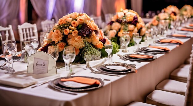 写真 結婚式のテーブルの設定 婚礼のテーブル 鮮やかな色の結婚式の舞台